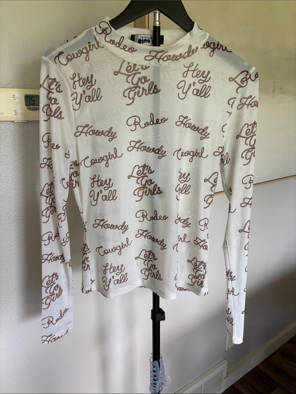 Womens White Long-Sleeve mesh Print Top